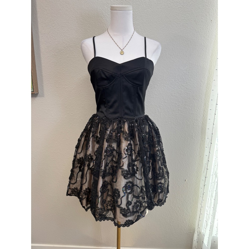 Jessica McClintock Gunne Sax Black Corset Sequin Lace Mini Dress Size 7